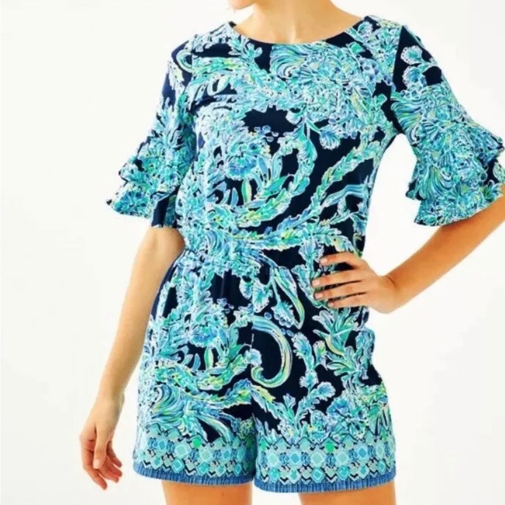 Lilly Pulitzer Lula Romper High Tide Navy Scuba Doo Ruffled Sleeves, Size Medium - Picture 15 of 15